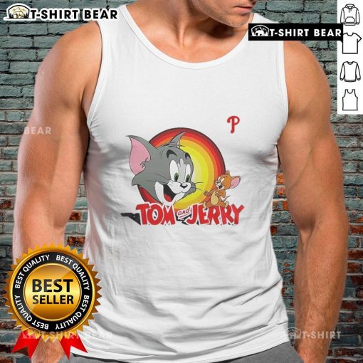 Alt Text: Happy Tom and Jerry X Philadelphia Phillies tank top featuring vibrant graphics and playful design for fans.