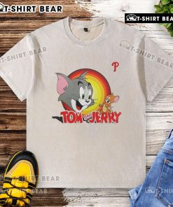 Alt Text: Happy Tom and Jerry X Philadelphia Phillies washed t-shirt featuring vibrant graphics and a comfortable fit.