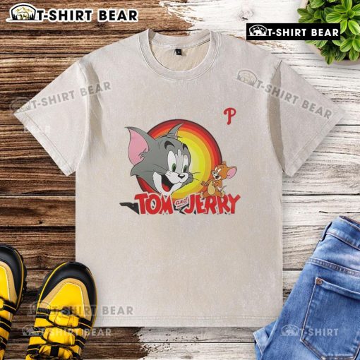 Alt Text: Happy Tom and Jerry X Philadelphia Phillies washed t-shirt featuring vibrant graphics and a comfortable fit.