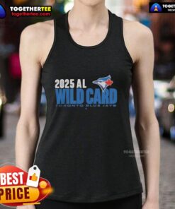 Happy fan wearing a Toronto Blue Jays 2025 MLB Playoffs tank top, celebrating the American League Wild Card game.