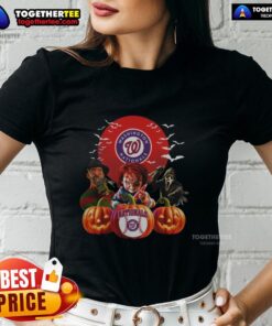 Happy Washington Nationals MLB Horror Movie Halloween Ladies Tee featuring festive design for baseball fans celebrating Halloween.