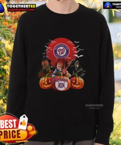 Happy Washington Nationals MLB Halloween sweatshirt featuring spooky designs for baseball fans celebrating Halloween.