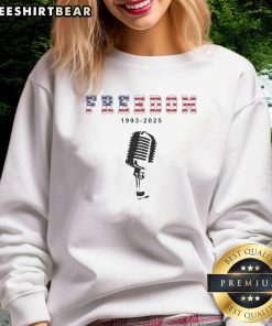 Hot A True Patriot Freedom 1993-2025 USA printed Charlie Kirk sweatshirt in bold lettering, perfect for patriots.