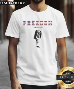 Alt Text: Hot A True Patriot Freedom 1993-2025 USA printed Charlie Kirk t-shirt showcasing patriotic design and bold text.