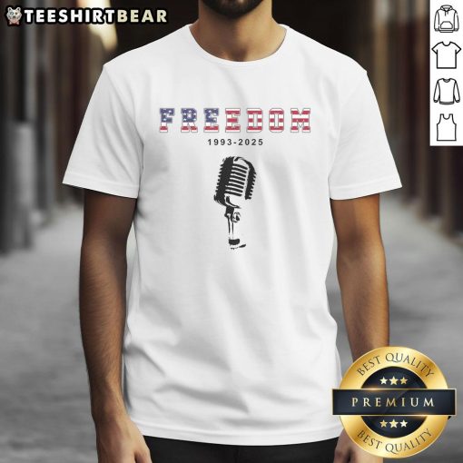 Alt Text: Hot A True Patriot Freedom 1993-2025 USA printed Charlie Kirk t-shirt showcasing patriotic design and bold text.