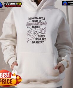 Girl wearing 'Hot Alarms Are A Form Of Discrimination Against Girls Who Are So Sleepy' hoodie, promoting awareness and inclusivity.