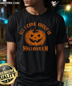 Hot All I Care About Is Halloween Pumpkin T-Shirt featuring a vibrant pumpkin graphic, perfect for Halloween celebrations.
