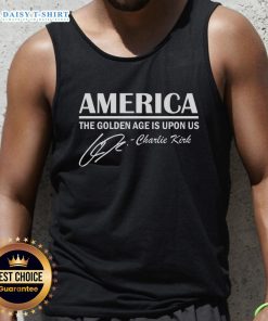 Charlie Kirk wearing a tank top with 'Hot America: The Golden Age Is Upon Us' slogan, showcasing patriotic style.