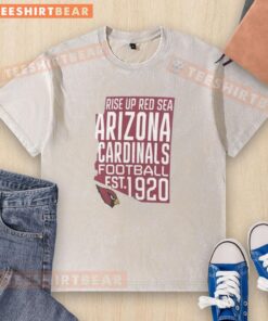 Hot Arizona Cardinals Football Est 1920 Rise Up Red Sea Hometown washed t-shirt displayed on a wooden background.