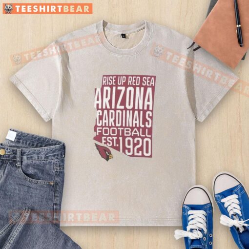Hot Arizona Cardinals Football Est 1920 Rise Up Red Sea Hometown washed t-shirt displayed on a wooden background.