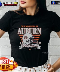 Alt Text: Hot Auburn Tigers Stripe Splash Ladies Tee featuring vibrant stripes and team logo, perfect for game day apparel.