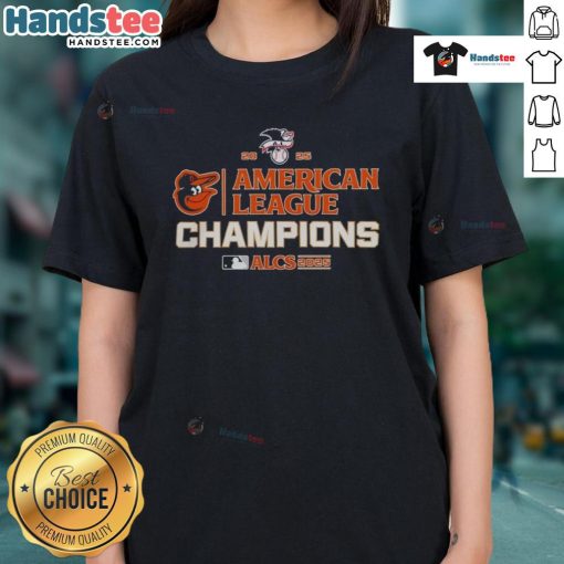 Hot Baltimore Orioles MLB 2025 ALCS American League Champions Ladies Tee showcasing team pride and stylish design.