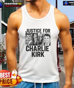 Hot Charlie Kirk Memorial tribute tank top featuring 'RIP Justice for Charlie' design in bold lettering.
