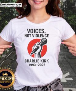 Hot Charlie Kirk Voices Not Violence Make America Great Again Ladies Tee featuring a bold graphic design.