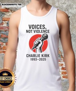 Alt Text: Hot Charlie Kirk Voices Not Violence Make America Great Again tank top worn by a supporter at a rally.