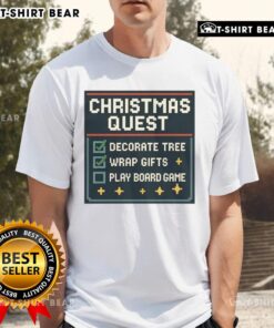 Hot Christmas Quest T-Shirt featuring a festive tree, wrapped gifts, and a playful board game design for holiday fun.