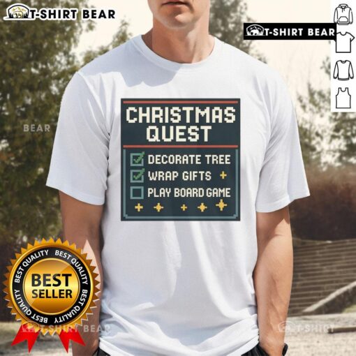 Hot Christmas Quest T-Shirt featuring a festive tree, wrapped gifts, and a playful board game design for holiday fun.