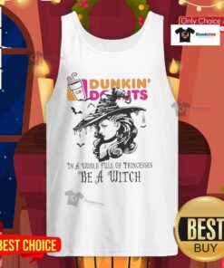 Hot Dunkin' Donuts Halloween tank top featuring a witch design, perfect for festive autumn celebrations and donut lovers.