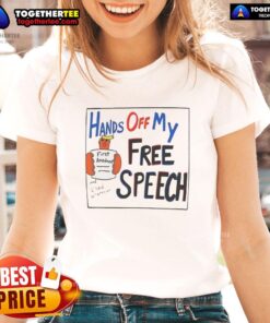 Trump cartoon graphic on 'Hot Hands Off My Free Speech' ladies tee, showcasing bold political statement and vibrant design.