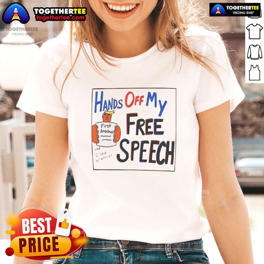 Hot Hands Off My Free Speech Trump Cartoon Ladies Tee Trump cartoon graphic on 'Hot Hands Off My Free Speech' ladies tee, showcasing bold political statement and vibrant design.