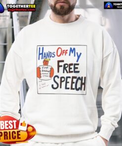 Cartoon sweatshirt featuring 'Hot Hands Off My Free Speech' slogan with Trump illustration, perfect for political apparel.