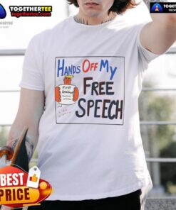 Trump cartoon T-shirt featuring 'Hot Hands Off My Free Speech' slogan, showcasing a bold political statement.