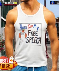 Hot Hands Off My Free Speech Trump Cartoon Tank Top featuring a bold graphic of Trump advocating for free speech.