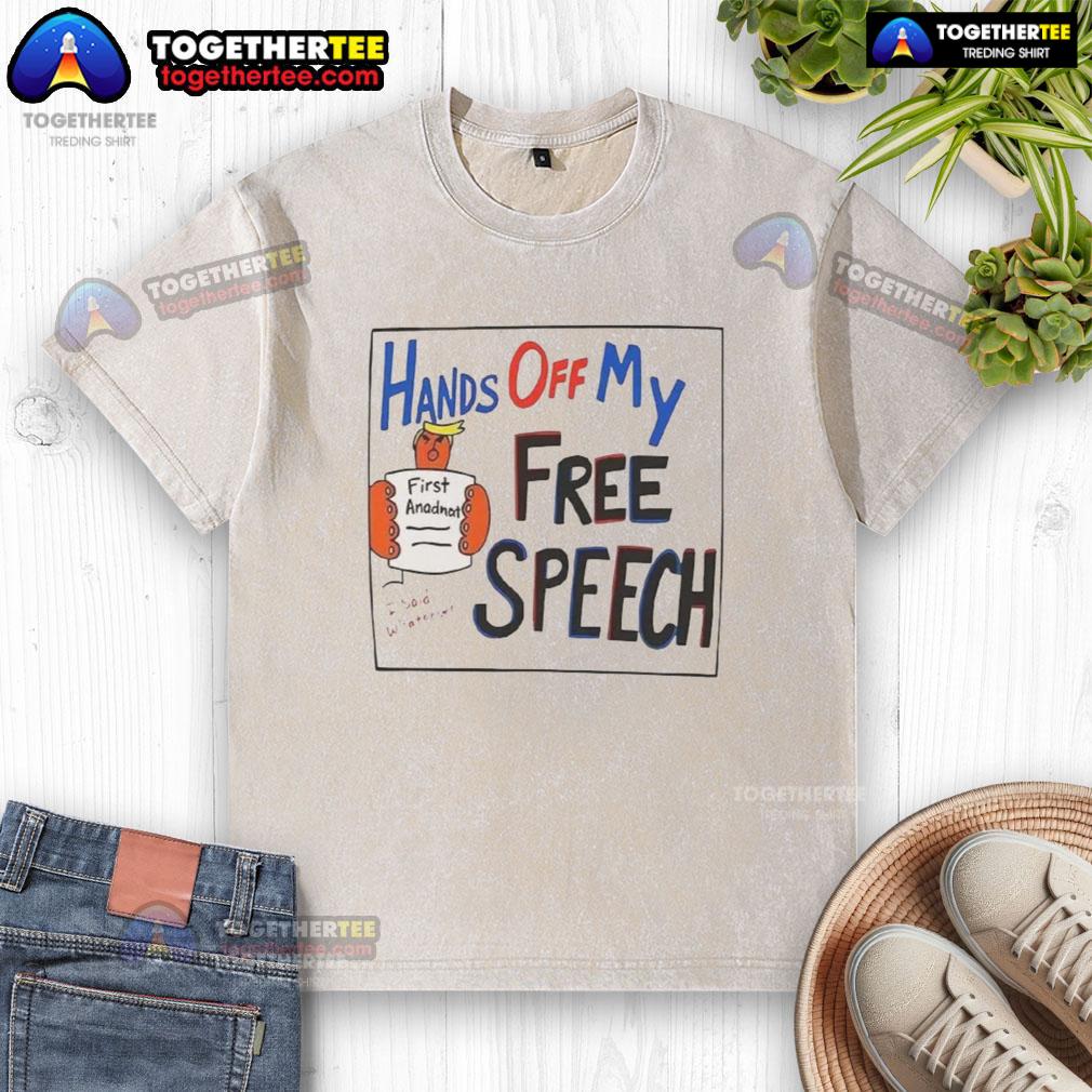 Hot Hands Off My Free Speech Trump Cartoon Washed T Shirt Alt Text: Cartoon of Trump with Hot Hands Off My Free Speech slogan on a washed t-shirt, highlighting free speech advocacy.