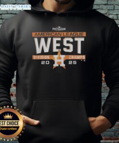 Alt Text: Houston Astros MLB 2025 AL West Division Title hoodie displayed in the postseason locker room, celebrating the team's victory.