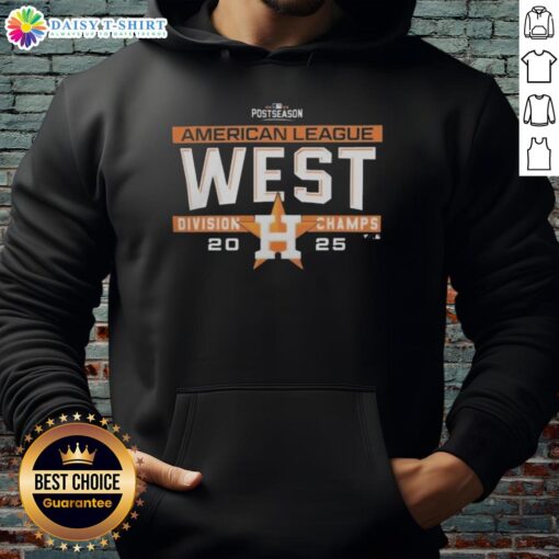 Alt Text: Houston Astros MLB 2025 AL West Division Title hoodie displayed in the postseason locker room, celebrating the team's victory.