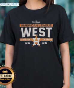 Hot Houston Astros MLB 2025 AL West Division Title postseason locker room with team ladies' tee displayed prominently.