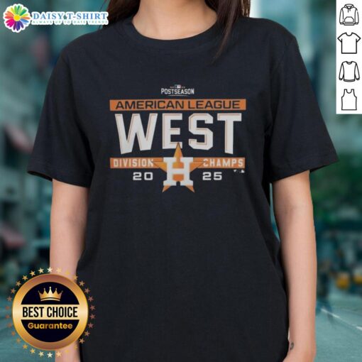 Hot Houston Astros MLB 2025 AL West Division Title postseason locker room with team ladies' tee displayed prominently.