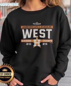 Alt Text: Hot Houston Astros MLB 2025 AL West Division Title postseason locker room sweatshirt on display.