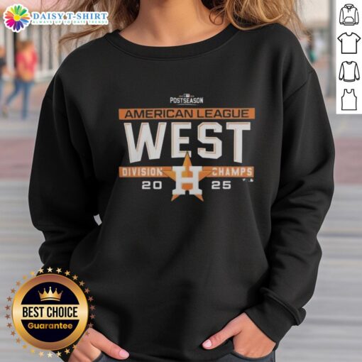 Alt Text: Hot Houston Astros MLB 2025 AL West Division Title postseason locker room sweatshirt on display.