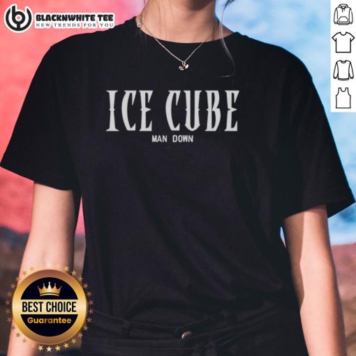 Alt Text: Hot Ice Cube Man Down graphic on a stylish ladies tee, perfect for casual wear and music fans.