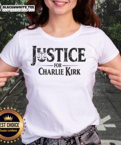 Hot Justice for Charlie Kirk statement graphic on a stylish ladies tee, promoting free speech and activism.