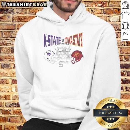 Hot K-State vs Iowa State 2025 Aer Lingus College Football Classic helmet hoodie featuring team logos and vibrant colors.