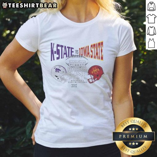 Hot K-State vs Iowa State 2025 Aer Lingus College Football Classic helmet design on a ladies tee shirt.