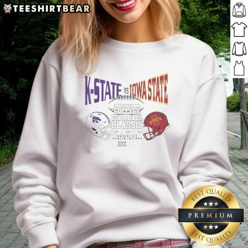 Alt Text: Hot K-State vs Iowa State 2025 Aer Lingus College Football Classic helmet sweatshirt design featuring team colors.