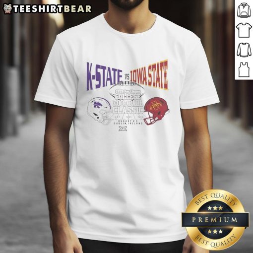 Hot K-State vs Iowa State 2025 Aer Lingus College Football Classic helmet t-shirt featuring team logos and vibrant colors.