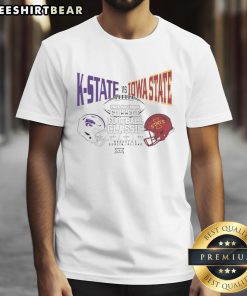 Hot K-State vs Iowa State 2025 Aer Lingus College Football Classic helmet t-shirt featuring team logos and vibrant colors.