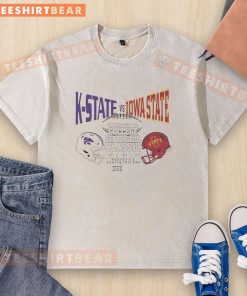 Alt Text: Hot K-State vs Iowa State 2025 Aer Lingus College Football Classic helmet design on a washed t-shirt.