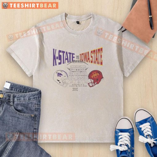 Alt Text: Hot K-State vs Iowa State 2025 Aer Lingus College Football Classic helmet design on a washed t-shirt.