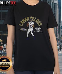 Stylish ladies tee featuring Lamar Jackson, Baltimore Ravens player illustration, perfect for fans and casual wear.