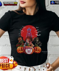 Hot Los Angeles Angels MLB horror movie Halloween ladies tee featuring a spooky design perfect for Halloween festivities.