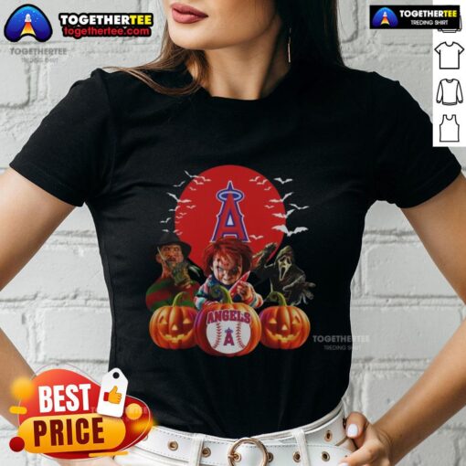 Hot Los Angeles Angels MLB horror movie Halloween ladies tee featuring a spooky design perfect for Halloween festivities.