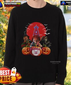 Hot Los Angeles Angels MLB horror movie Halloween sweatshirt featuring spooky design and team logo for festive fans.