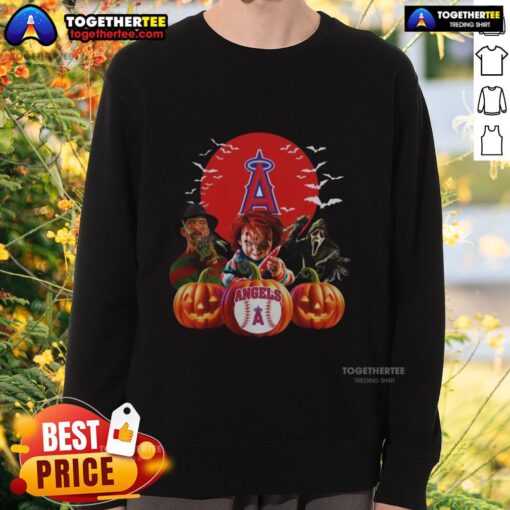 Hot Los Angeles Angels MLB horror movie Halloween sweatshirt featuring spooky design and team logo for festive fans.
