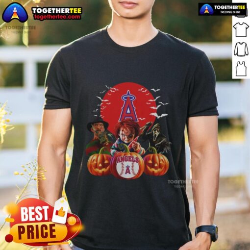 Hot Los Angeles Angels MLB horror movie Halloween T-shirt featuring spooky graphics and team logo for festive fans.