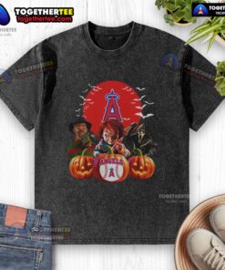 Hot Los Angeles Angels MLB horror movie Halloween washed t-shirt featuring vibrant graphics and a spooky design.
